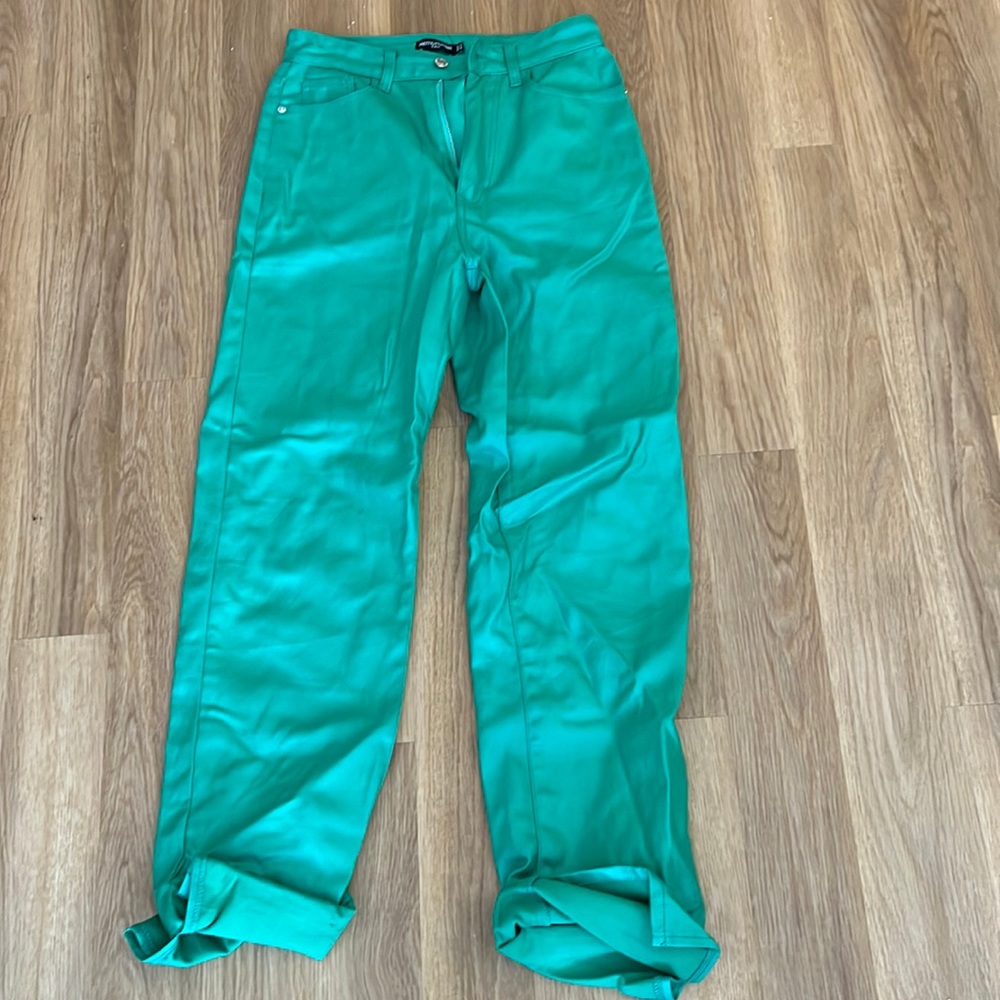 Green leather pants